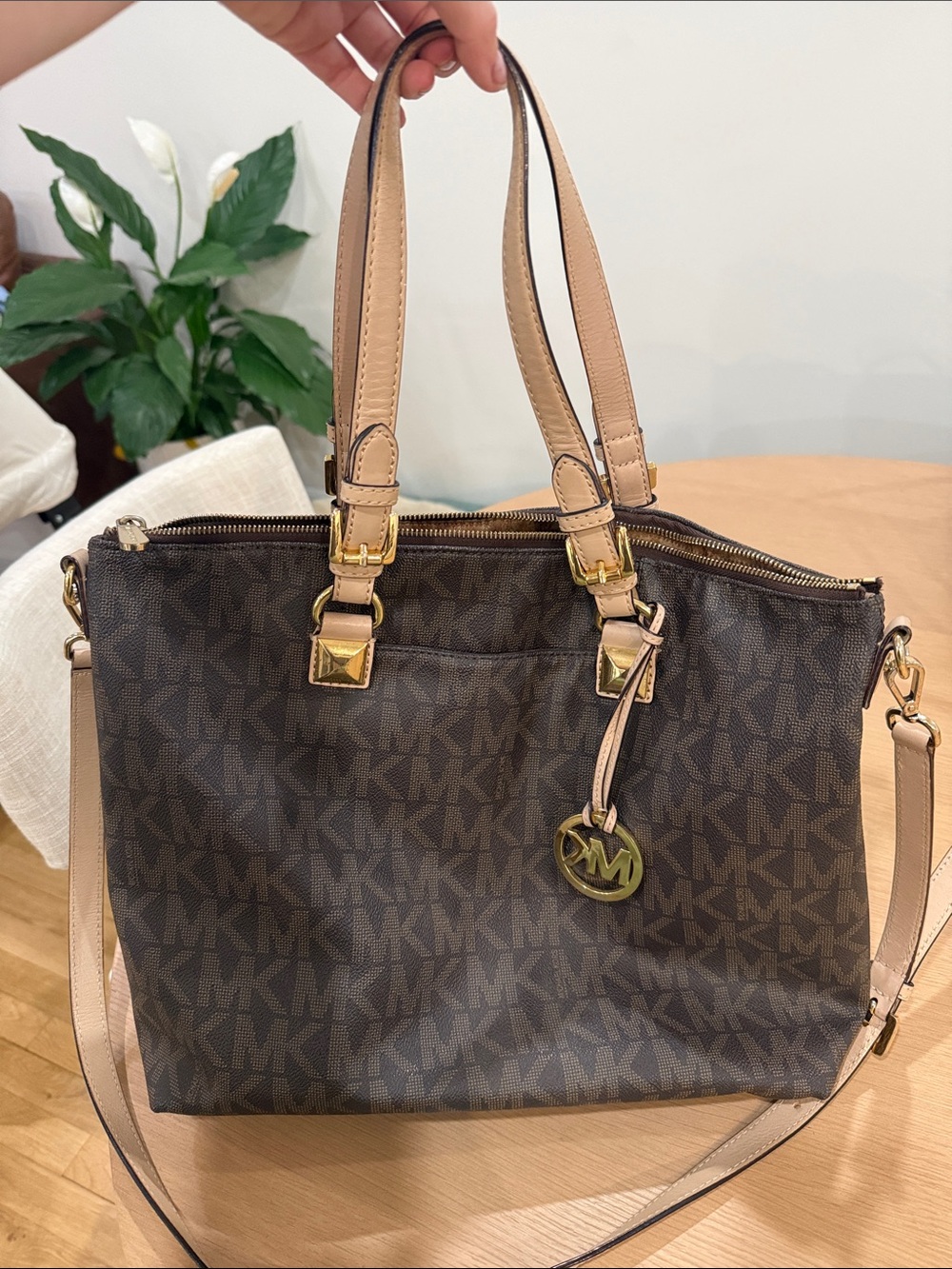 Michael Kors Brown MK Monogram Tote with Cream Handles